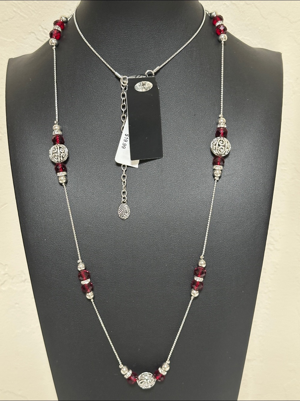 Scroll and Dots Faceted Red Crystal Silver Tone Long Necklace - Picture 6 of 13